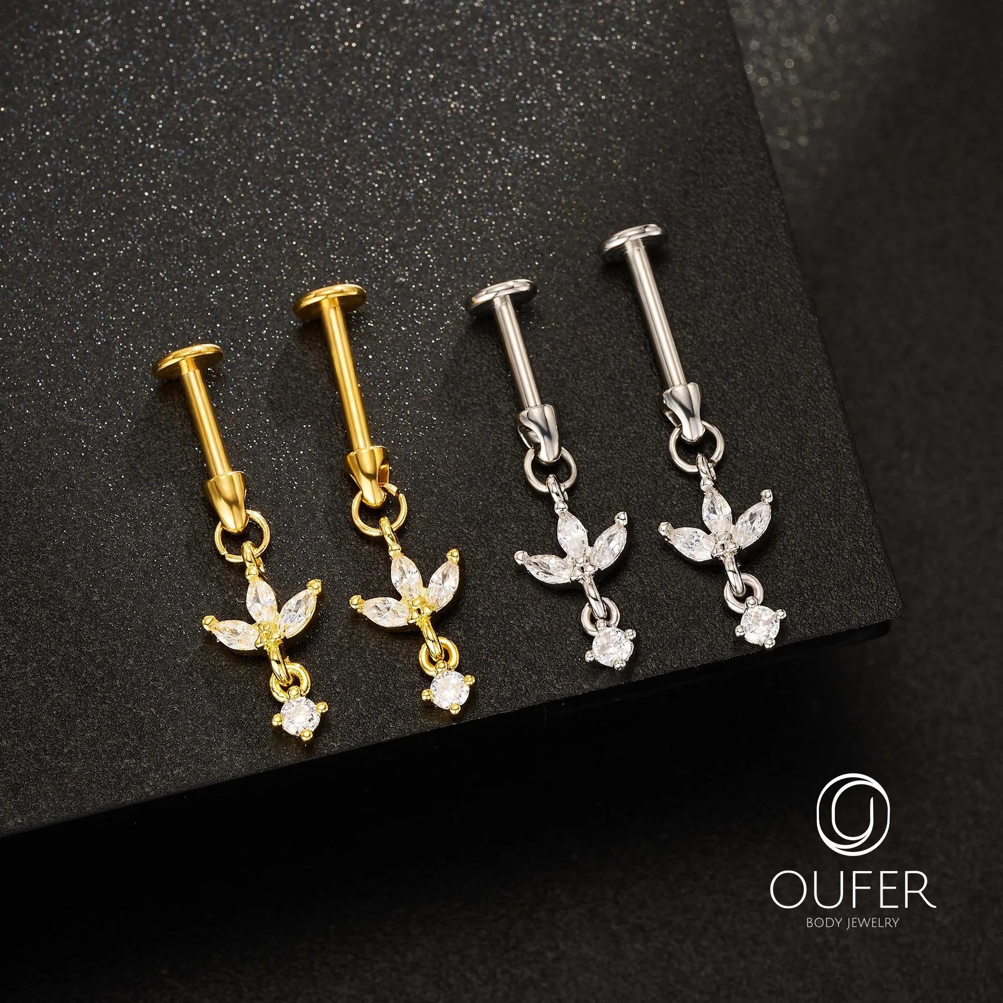 16G Dangle Lotus Flower CZ Vertical Helix Earring-Cartilage Stud, Hidden Rook Piercing, Silver/Gold