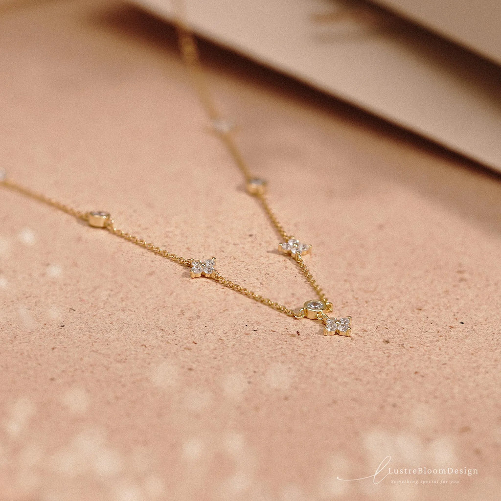 Dainty Flower Diamond Necklace, Sterling Silver Floral Necklace, Minimalist Gold Necklace for Women, Bridesmaid Gift for Her, Birthday Gift