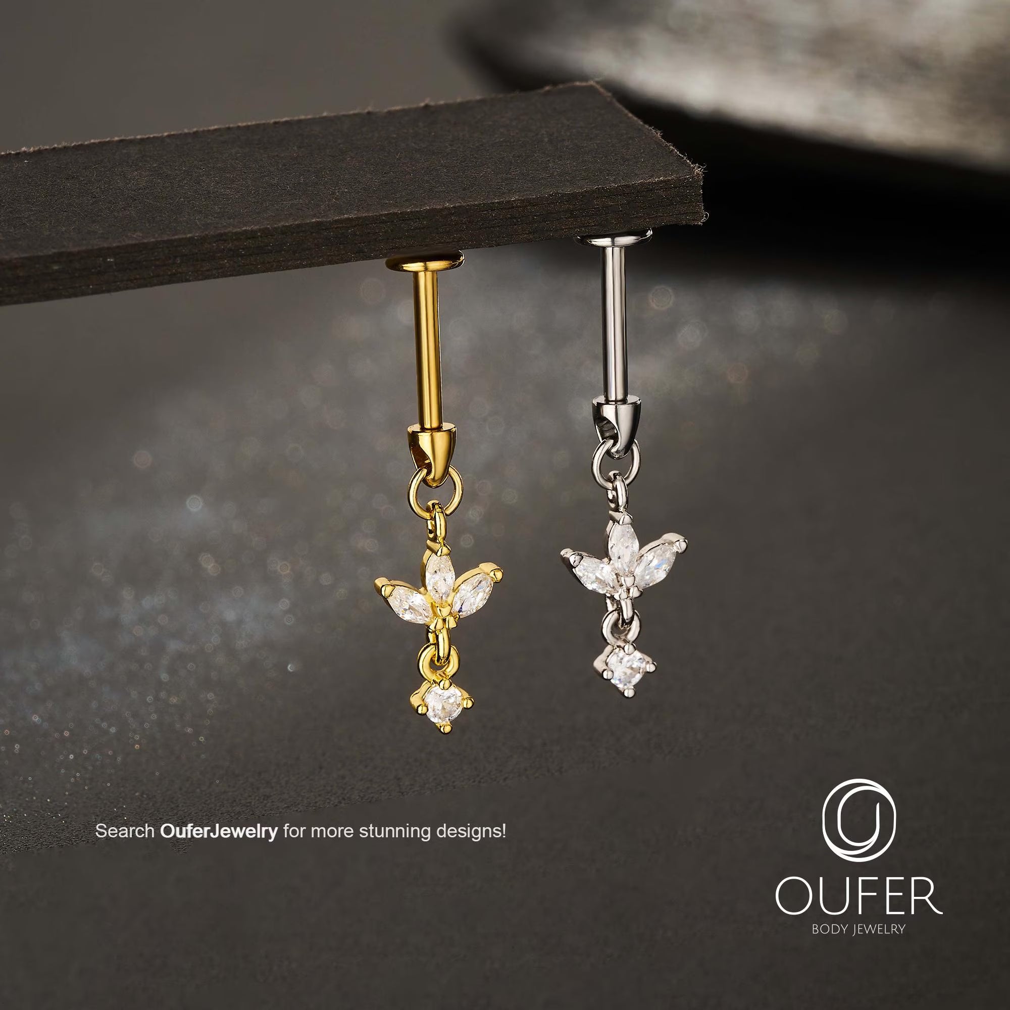 16G Dangle Lotus Flower CZ Vertical Helix Earring-Cartilage Stud, Hidden Rook Piercing, Silver/Gold