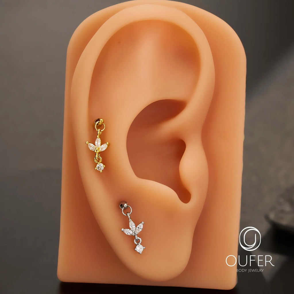 16G Dangle Lotus Flower CZ Vertical Helix Earring-Cartilage Stud, Hidden Rook Piercing, Silver/Gold