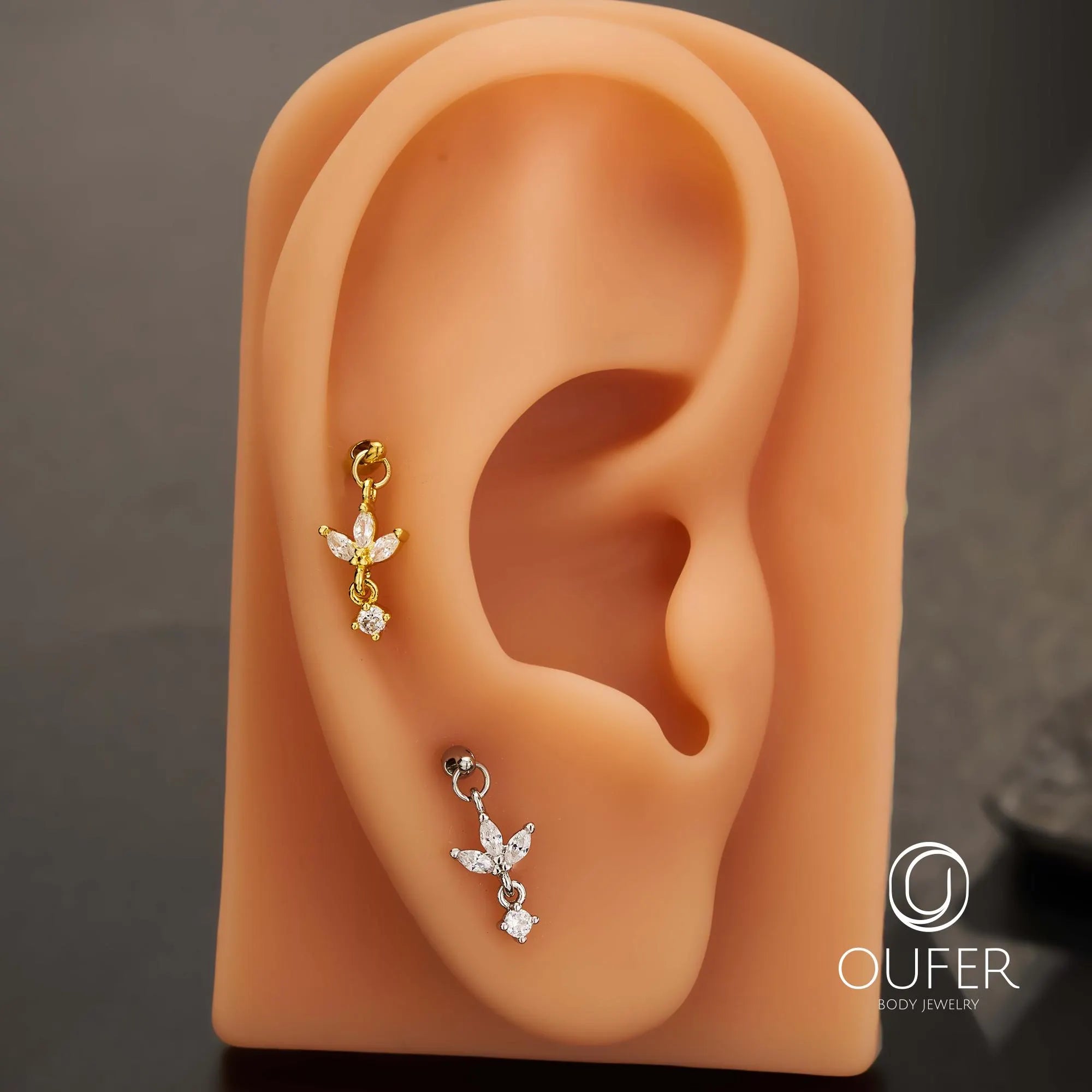 16G Dangle Lotus Flower CZ Vertical Helix Earring-Cartilage Stud, Hidden Rook Piercing, Silver/Gold