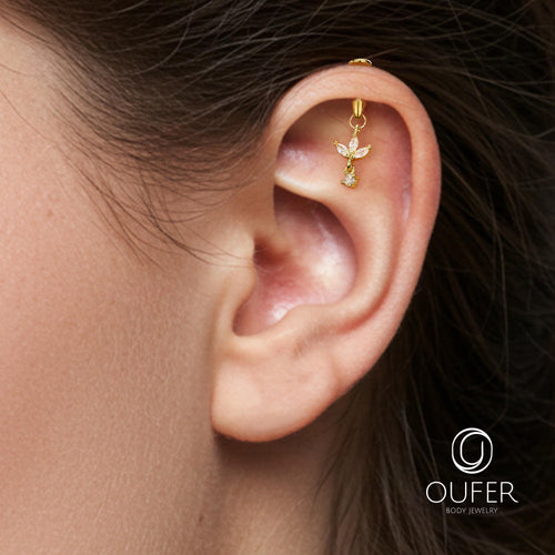 16G Dangle Lotus Flower CZ Vertical Helix Earring-Cartilage Stud, Hidden Rook Piercing, Silver/Gold