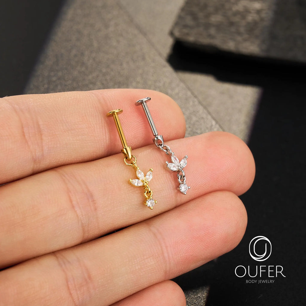 16G Dangle Lotus Flower CZ Vertical Helix Earring-Cartilage Stud, Hidden Rook Piercing, Silver/Gold