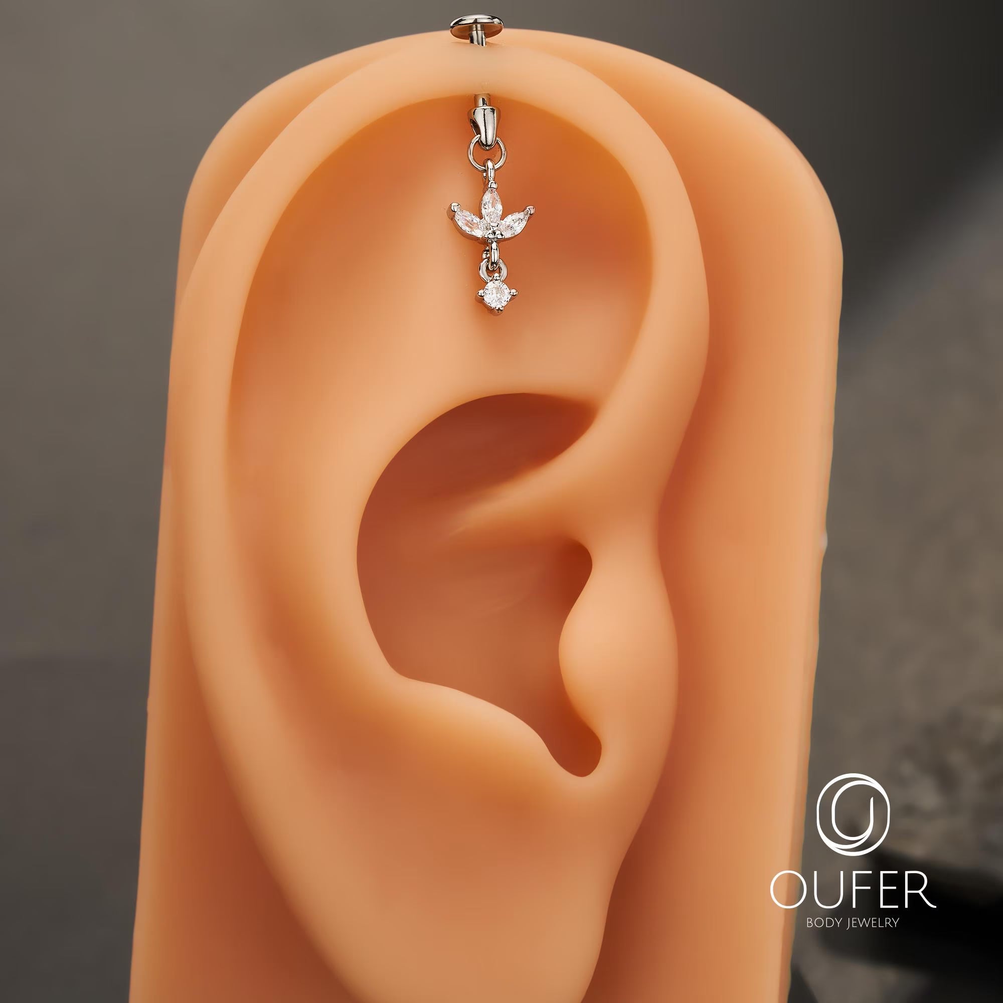 16G Dangle Lotus Flower CZ Vertical Helix Earring-Cartilage Stud, Hidden Rook Piercing, Silver/Gold
