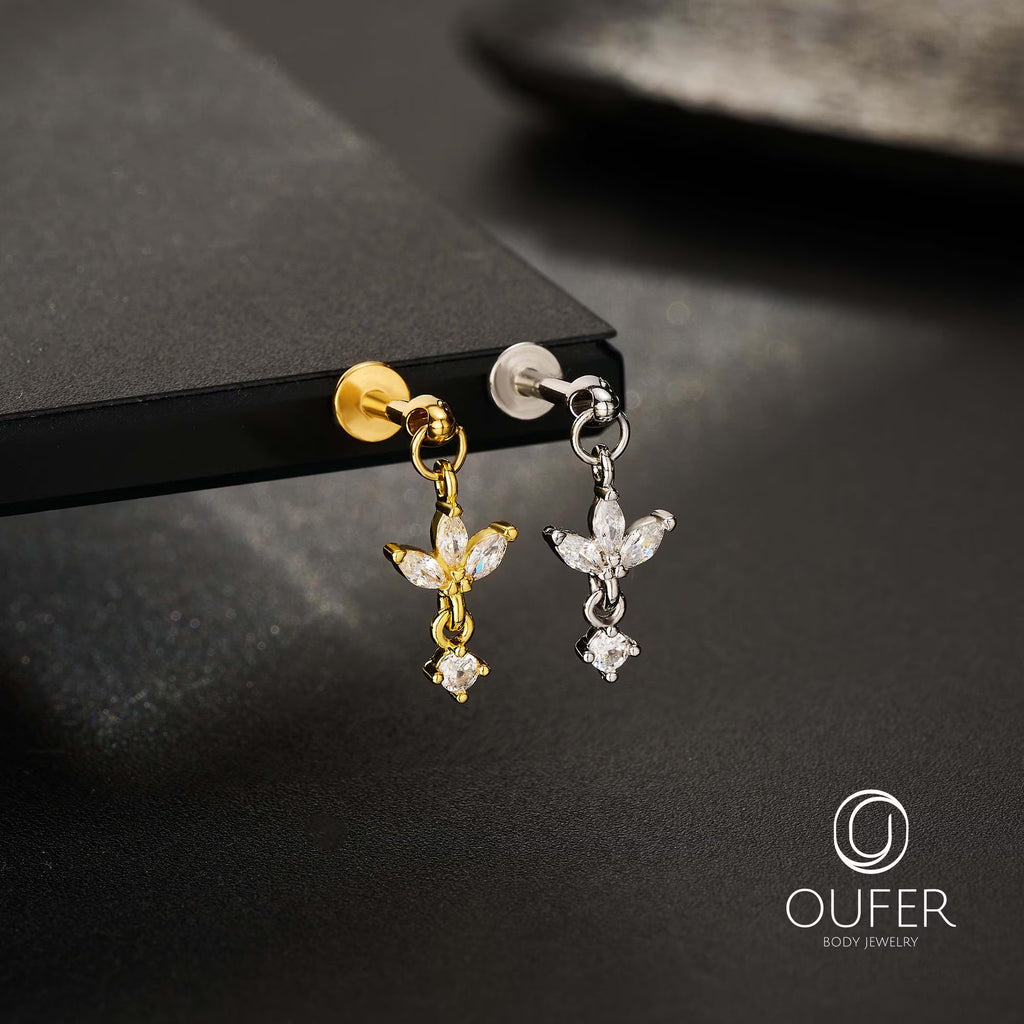 16G Dangle Lotus Flower CZ Vertical Helix Earring-Cartilage Stud, Hidden Rook Piercing, Silver/Gold