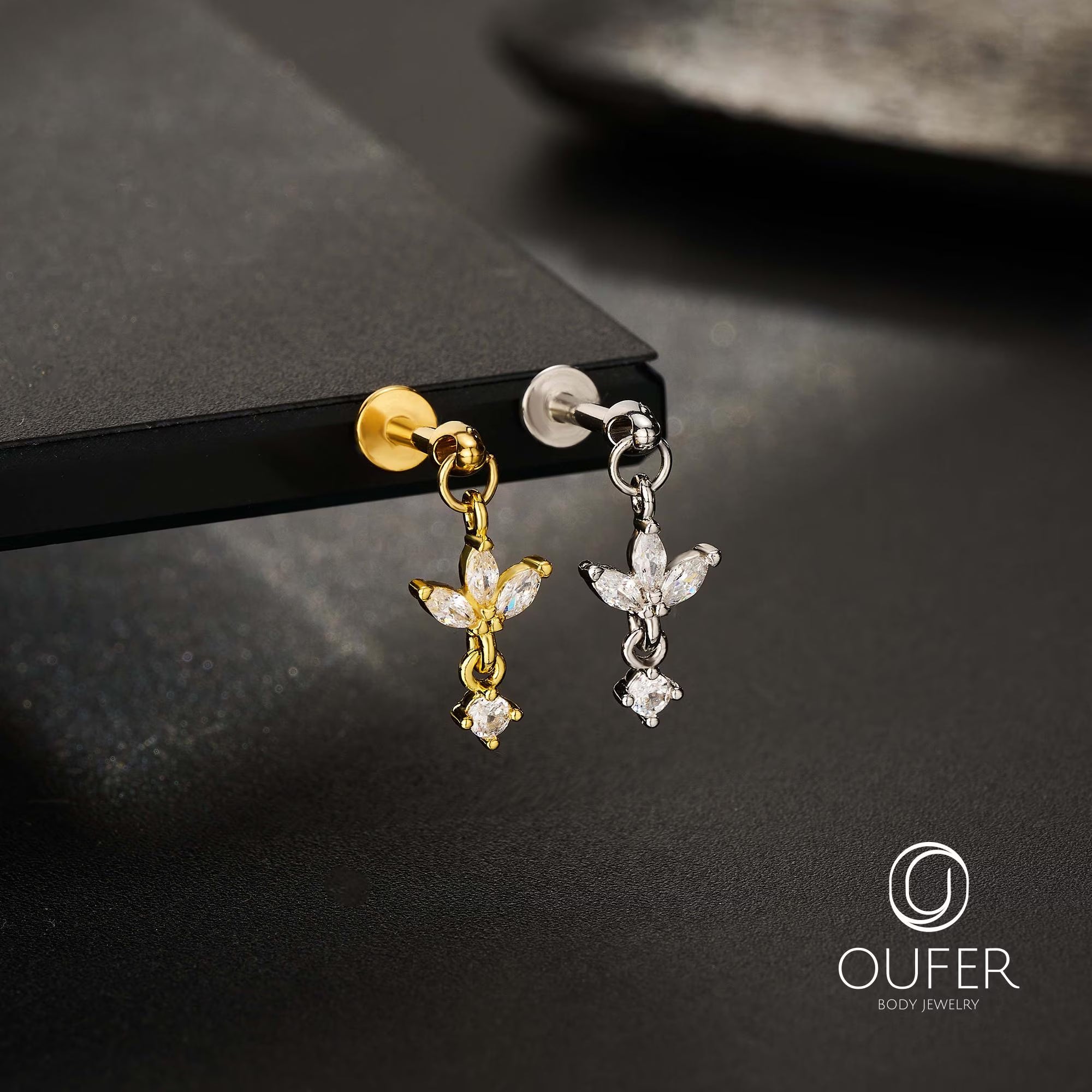 16G Dangle Lotus Flower CZ Vertical Helix Earring-Cartilage Stud, Hidden Rook Piercing, Silver/Gold