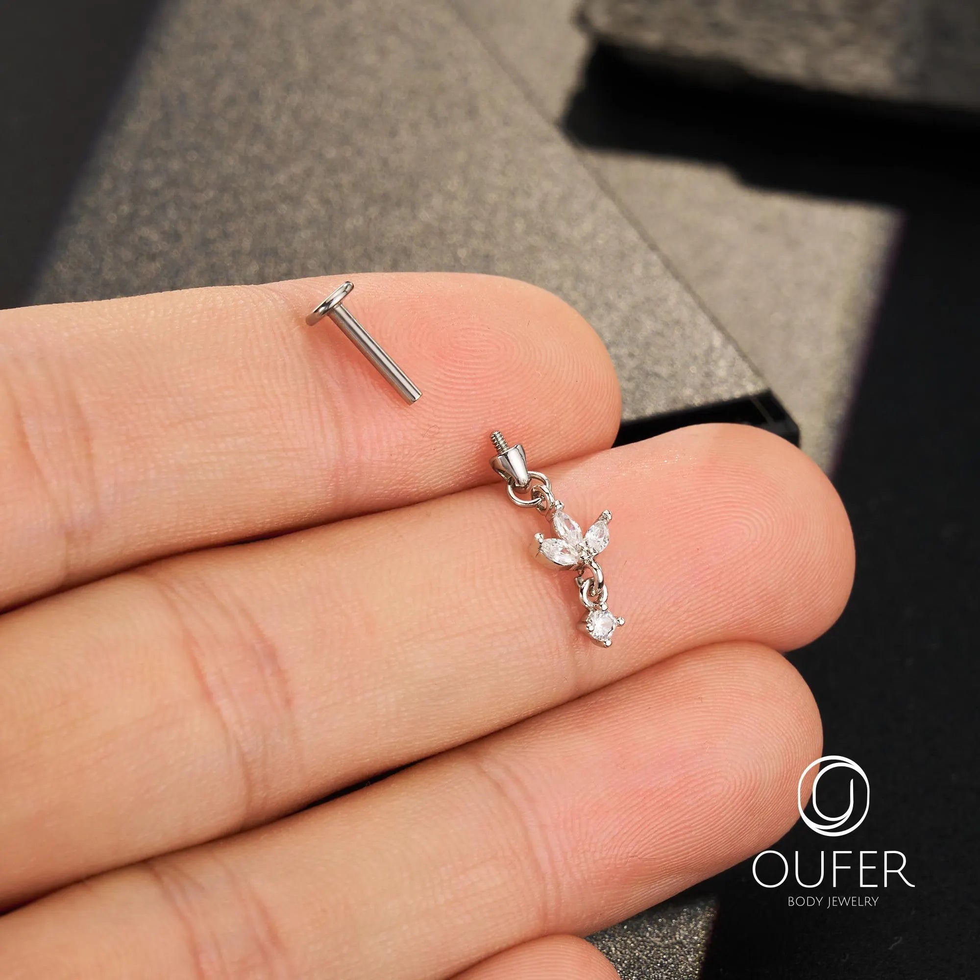 16G Dangle Lotus Flower CZ Vertical Helix Earring-Cartilage Stud, Hidden Rook Piercing, Silver/Gold