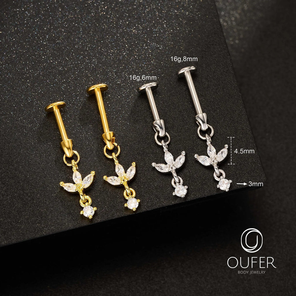 16G Dangle Lotus Flower CZ Vertical Helix Earring-Cartilage Stud, Hidden Rook Piercing, Silver/Gold