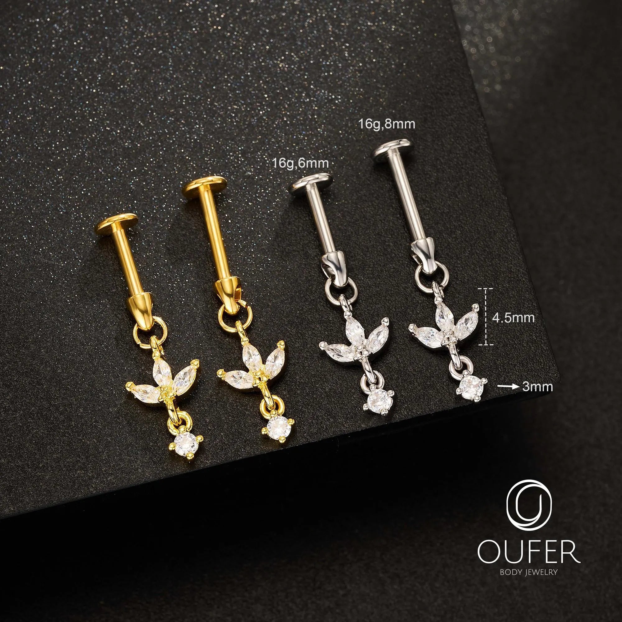 16G Dangle Lotus Flower CZ Vertical Helix Earring-Cartilage Stud, Hidden Rook Piercing, Silver/Gold