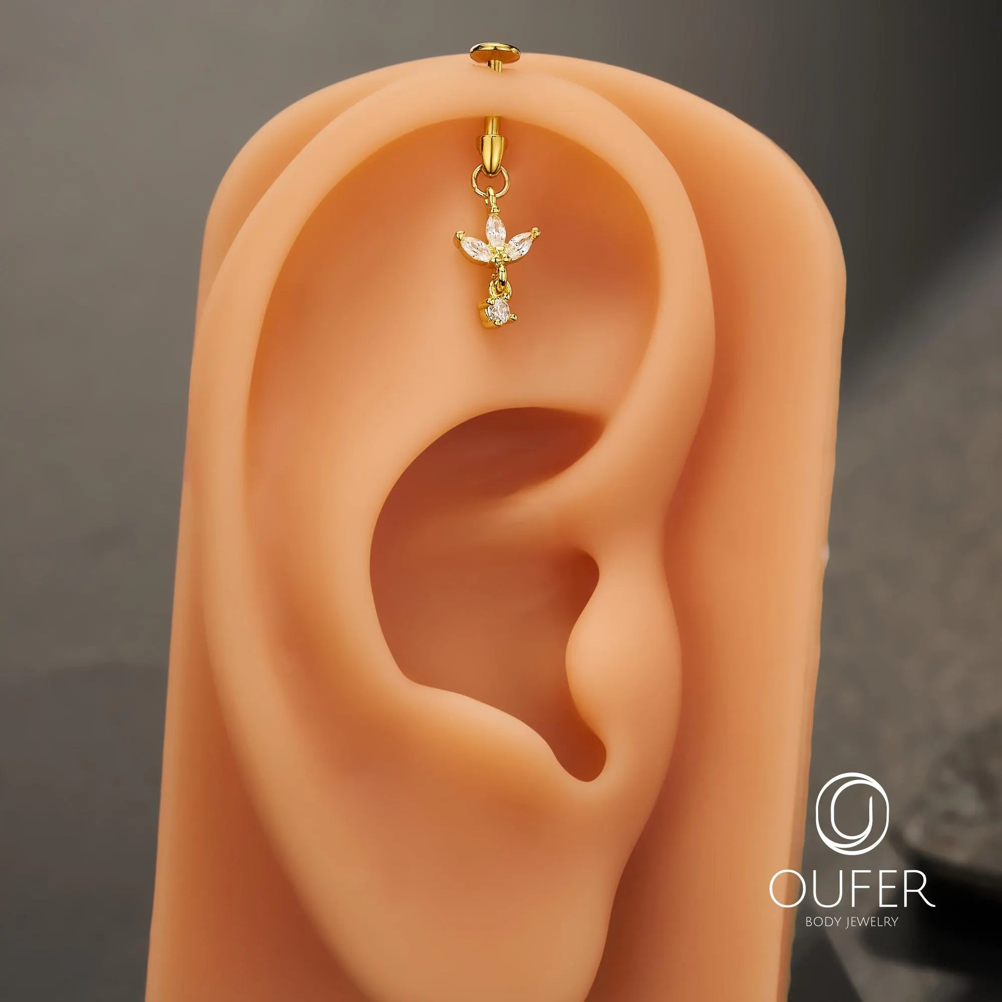 16G Dangle Lotus Flower CZ Vertical Helix Earring-Cartilage Stud, Hidden Rook Piercing, Silver/Gold