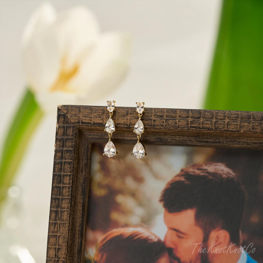 Sterling Silver Dangle Diamond Earrings, Triple Diamond Drop Earrings, Gold Earrings, Bridesmaid Gift, Wedding Earrings, Wedding Jewelry Set