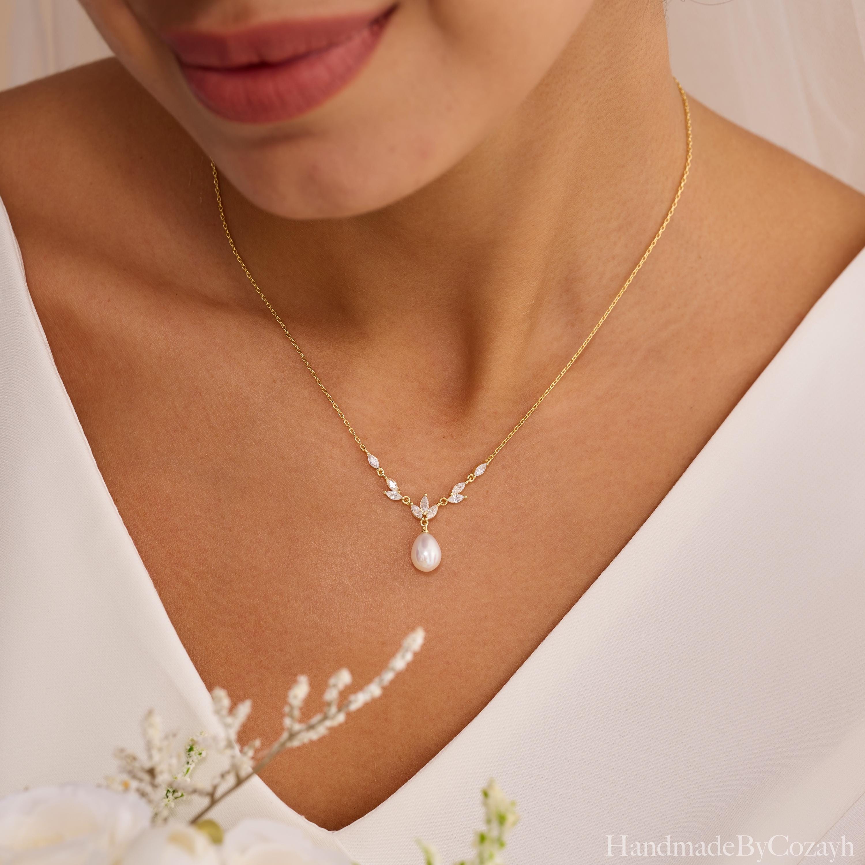 Minimalist Freshwater Pearl Jewelry Set, Leaf Diamond Pearl Necklace, Wedding Jewelry Set, Bridal Earrings, Bridesmaid Gift, Gift for Her