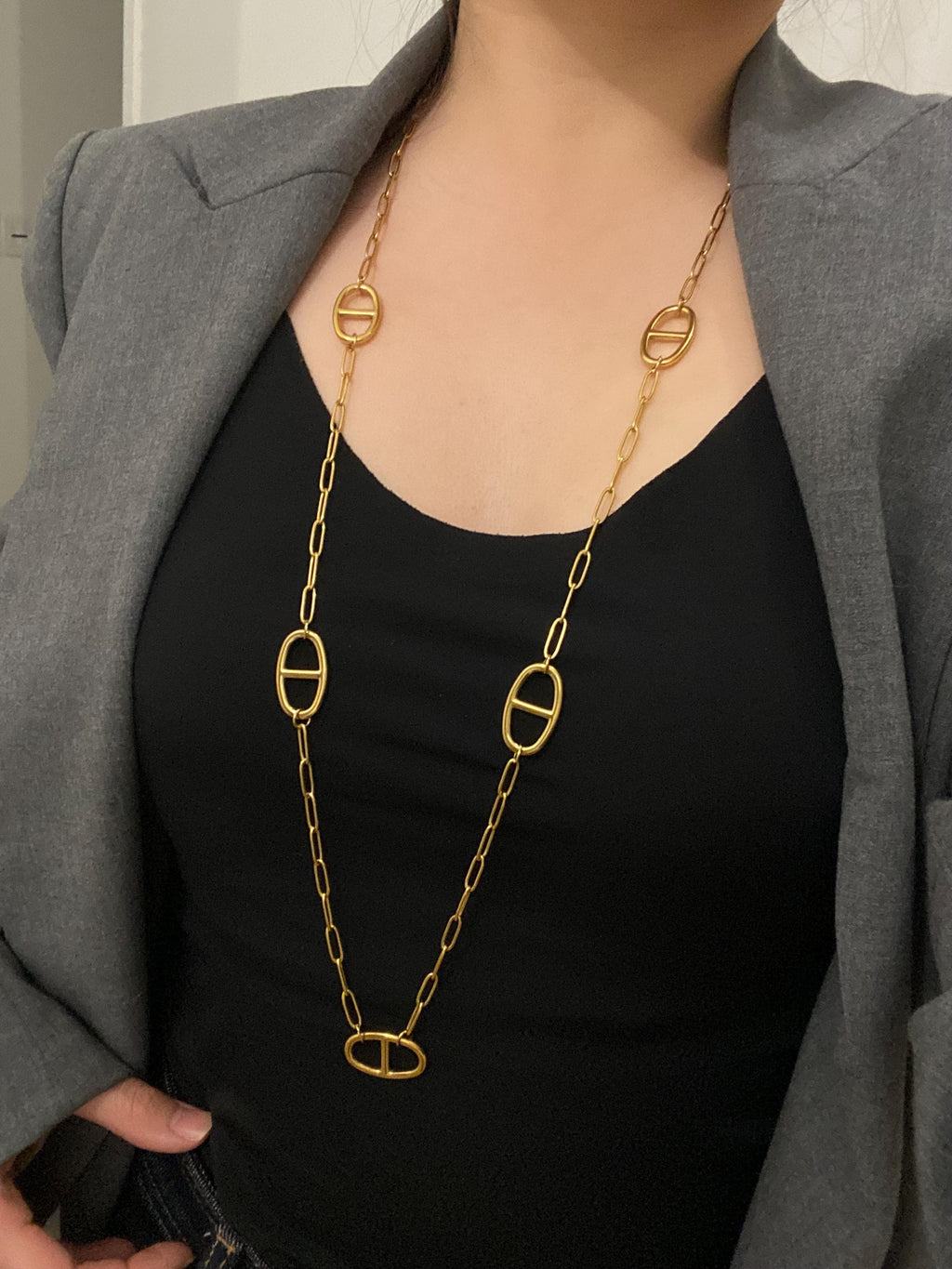 Long Necklace, Sautoir Necklace, Gold and Silver Marine Mesh, Stainless Steel Pig Nose - Gift Idea for Women - Y-Necklace - Women'S Necklace