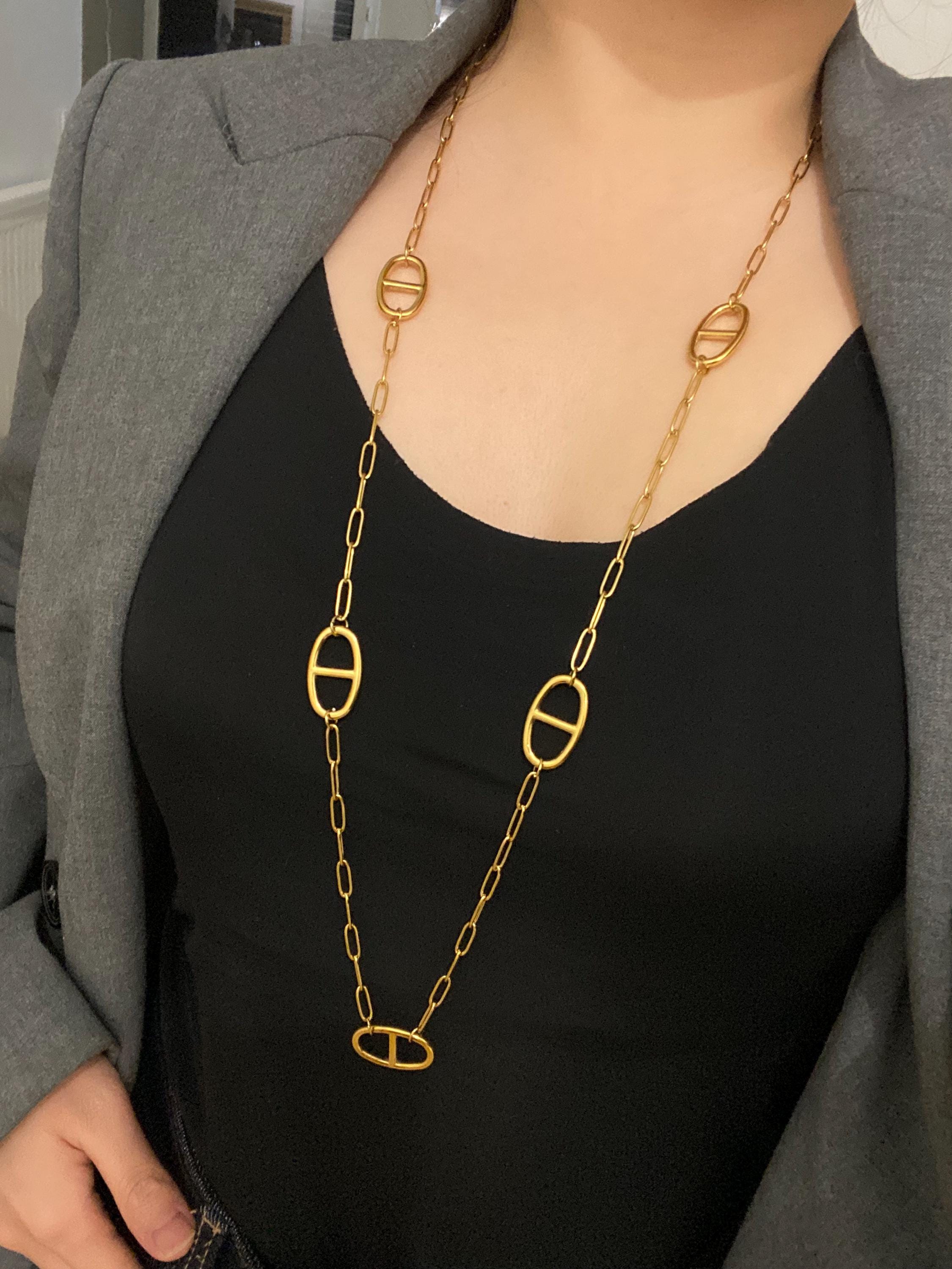 Long Necklace, Sautoir Necklace, Gold and Silver Marine Mesh, Stainless Steel Pig Nose - Gift Idea for Women - Y-Necklace - Women'S Necklace