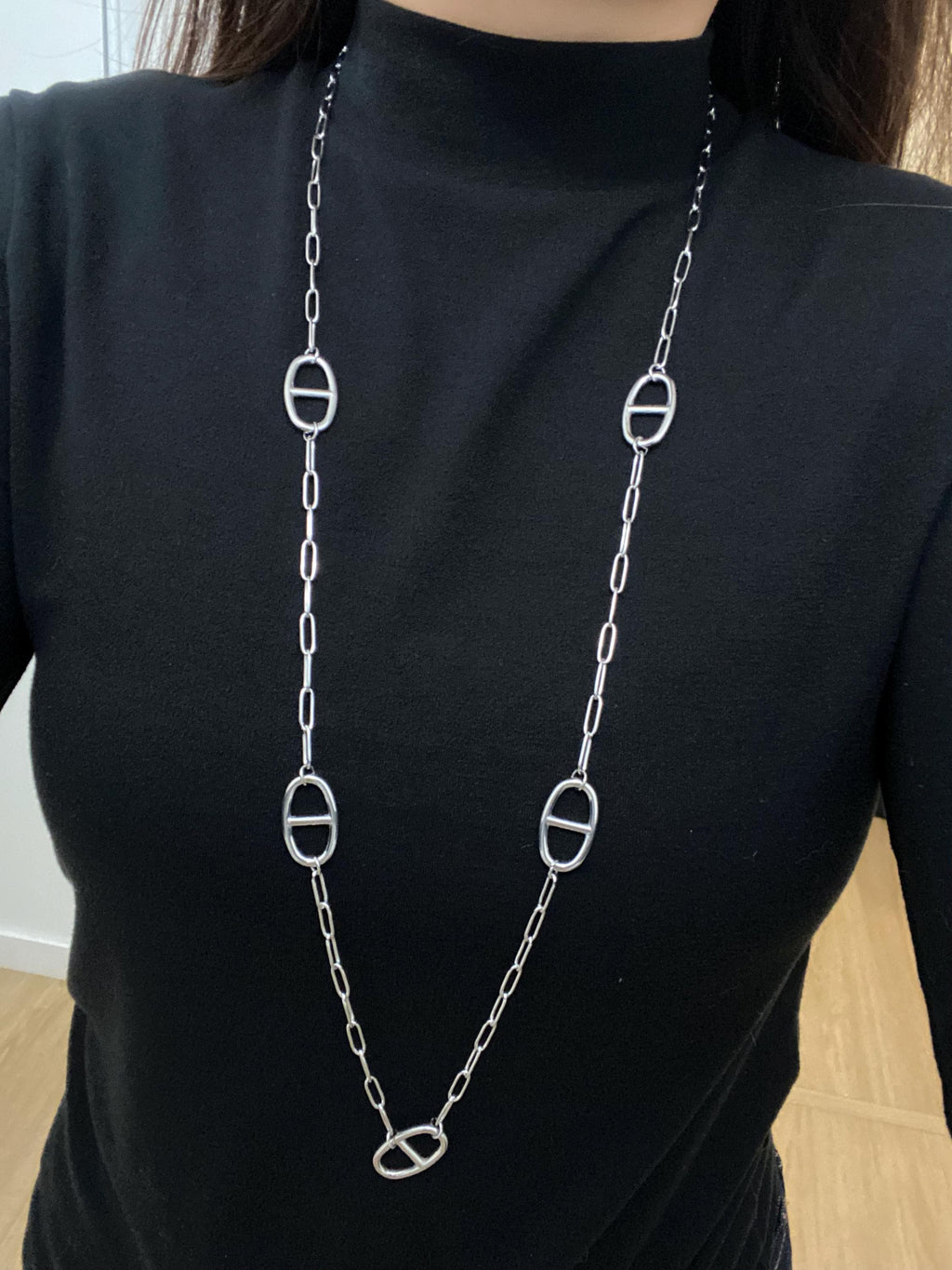 Long Necklace, Sautoir Necklace, Gold and Silver Marine Mesh, Stainless Steel Pig Nose - Gift Idea for Women - Y-Necklace - Women'S Necklace
